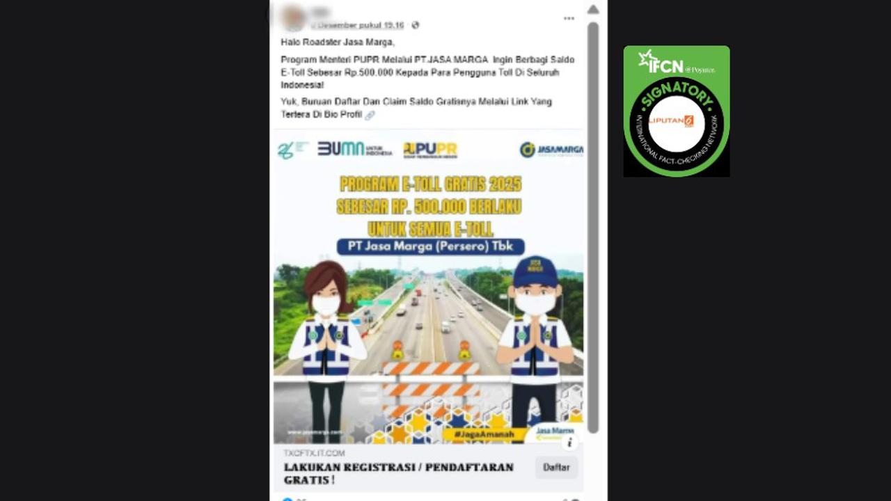Cek Fakta: Hoaks Link Pendaftaran Program E-Toll Rp 500.000 dari Jasa Marga