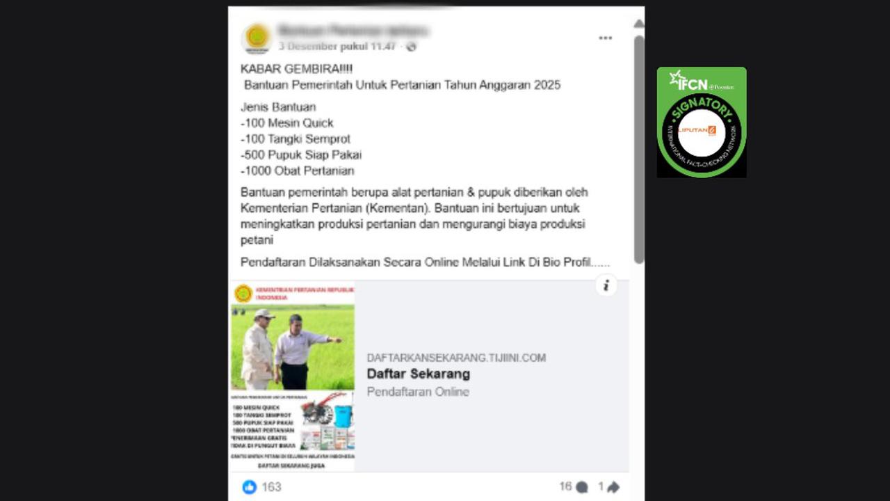 Cek Fakta: Tidak Benar Link Pendaftaran Bantuan Alat Pertanian dan Pupuk dari Kementan