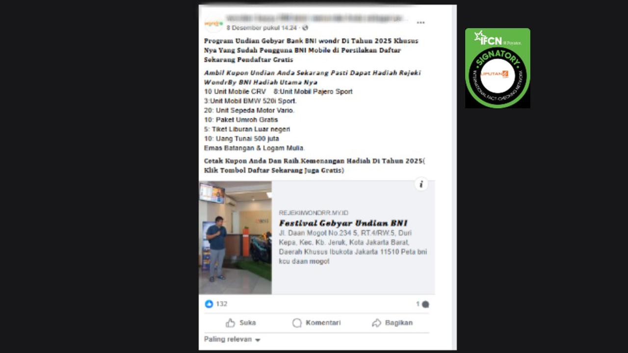 Cek Fakta: Tidak Benar Link Pendaftaran Program Undian Rejeki Wondr Bank BNI