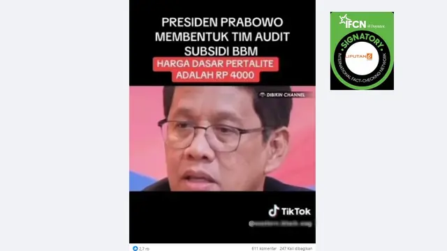Cek Fakta: Tidak Benar Menkeu Purbaya Sebut Harga Pertalite Sebenarnya Rp 4.000 per Liter - Cek Fakta berita69.org